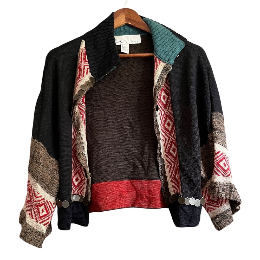 Curio New York Cardigan Womens M Black Multi Coin Trim Wool Blend Excellent
